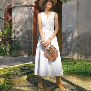 Sundance Poppy Belted White Denim Dress Cottagecore Western Midi Sleeveless 10